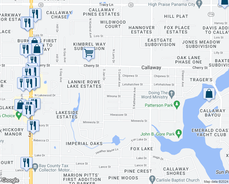 map of restaurants, bars, coffee shops, grocery stores, and more near 6410 Olokee Street in Panama City