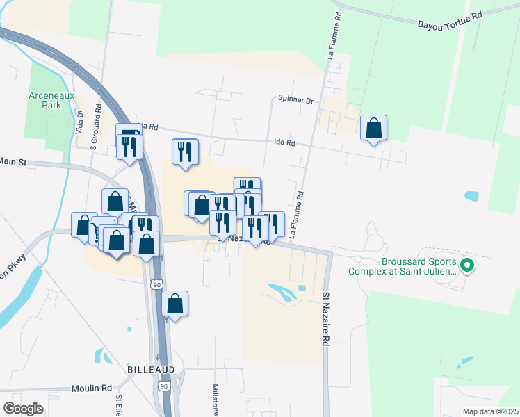 map of restaurants, bars, coffee shops, grocery stores, and more near 219 Saint Nazaire Road in Broussard