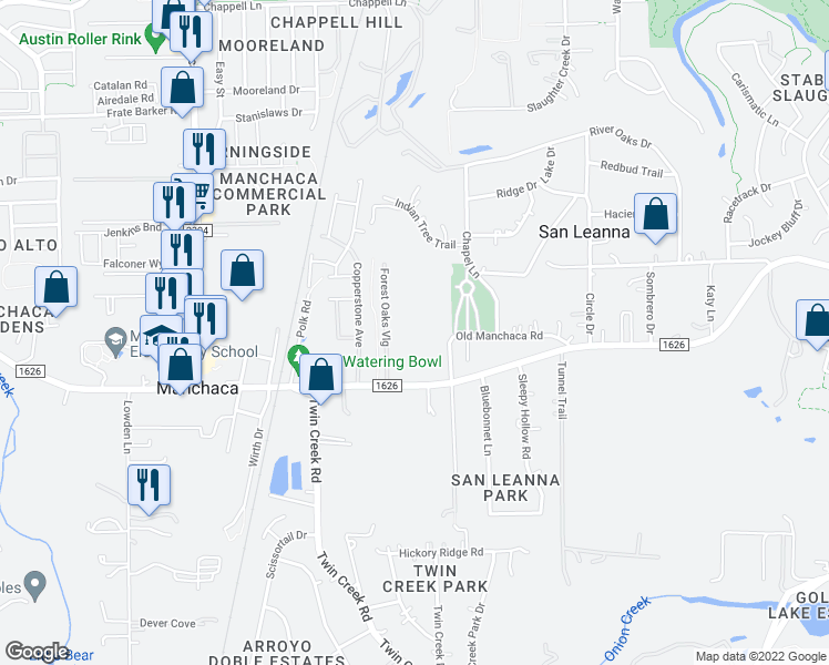 map of restaurants, bars, coffee shops, grocery stores, and more near 718 Farm to Market 1626 in Austin