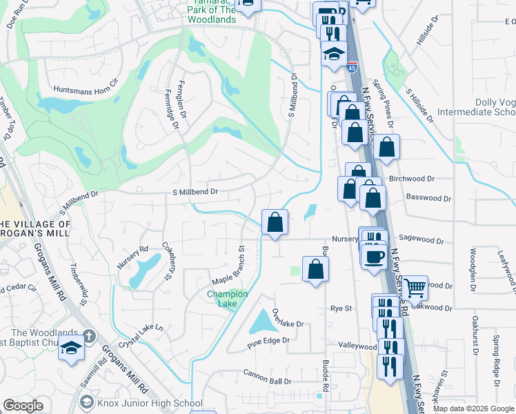 map of restaurants, bars, coffee shops, grocery stores, and more near 172 Maple Branch Street in The Woodlands
