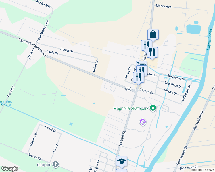 map of restaurants, bars, coffee shops, grocery stores, and more near 101-199 Quail Hollow Dr in St Martinville