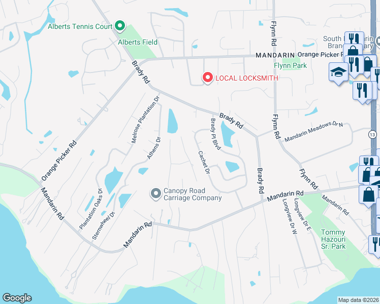 map of restaurants, bars, coffee shops, grocery stores, and more near 1813 Grassington Way North in Jacksonville