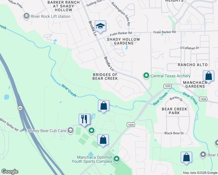 map of restaurants, bars, coffee shops, grocery stores, and more near 12716 Bismark Drive in Austin