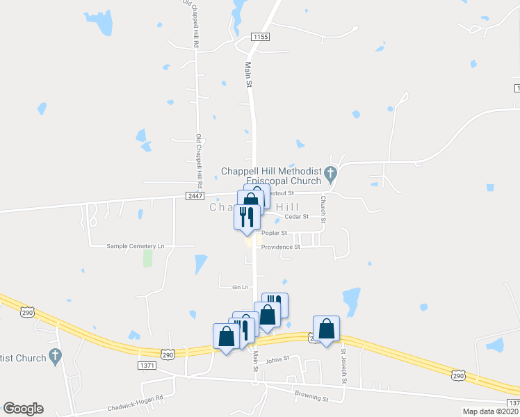 map of restaurants, bars, coffee shops, grocery stores, and more near 100 Cedar Street in Chappell Hill