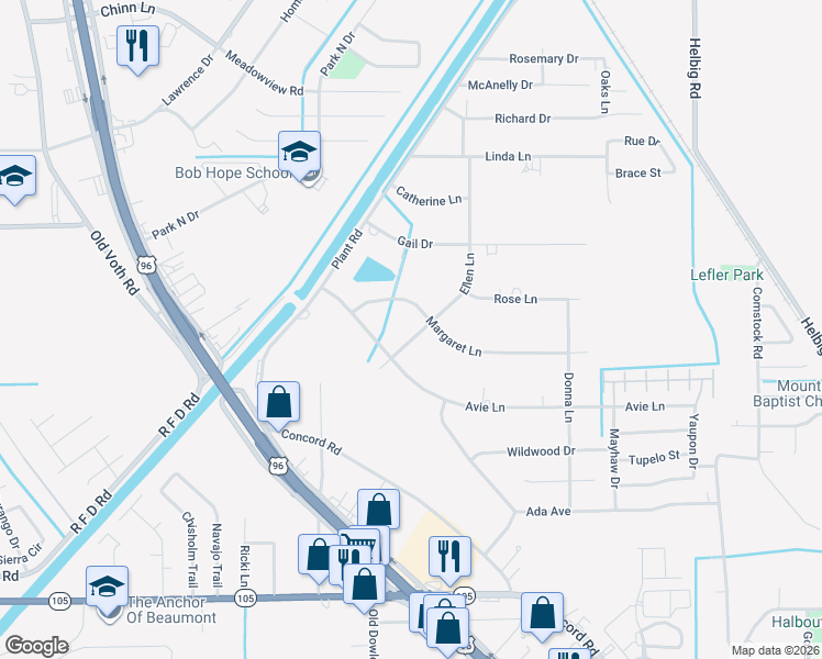 map of restaurants, bars, coffee shops, grocery stores, and more near 6995 Ellen Lane in Beaumont