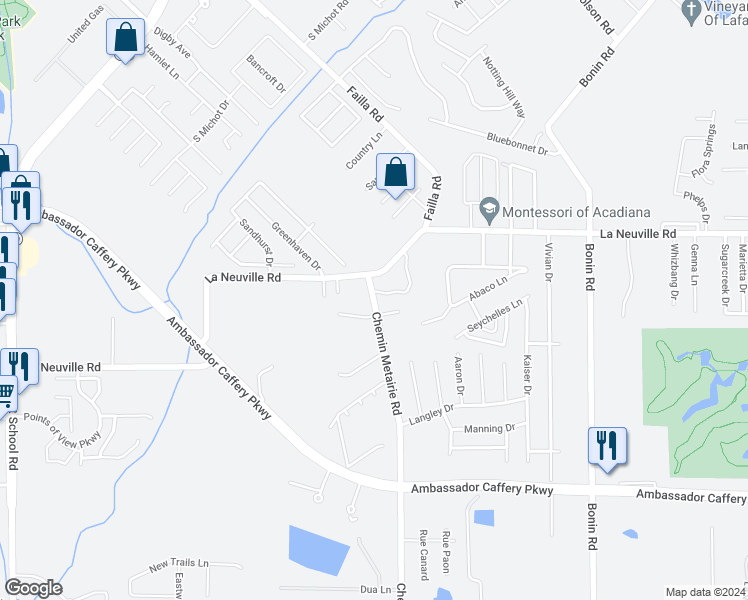 map of restaurants, bars, coffee shops, grocery stores, and more near 123 Chemin Metairie Road in Youngsville