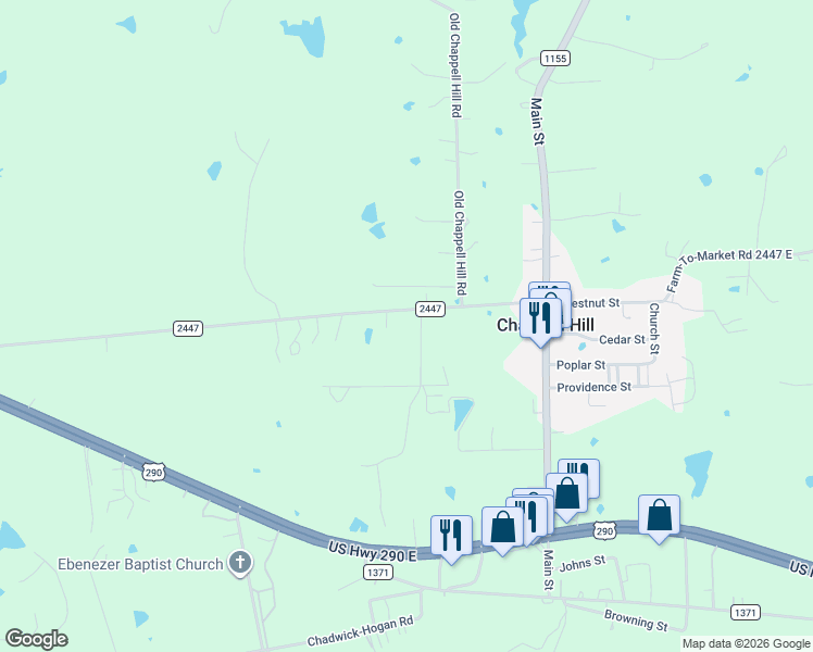map of restaurants, bars, coffee shops, grocery stores, and more near 8720 Farm to Market 2447 in Chappell Hill