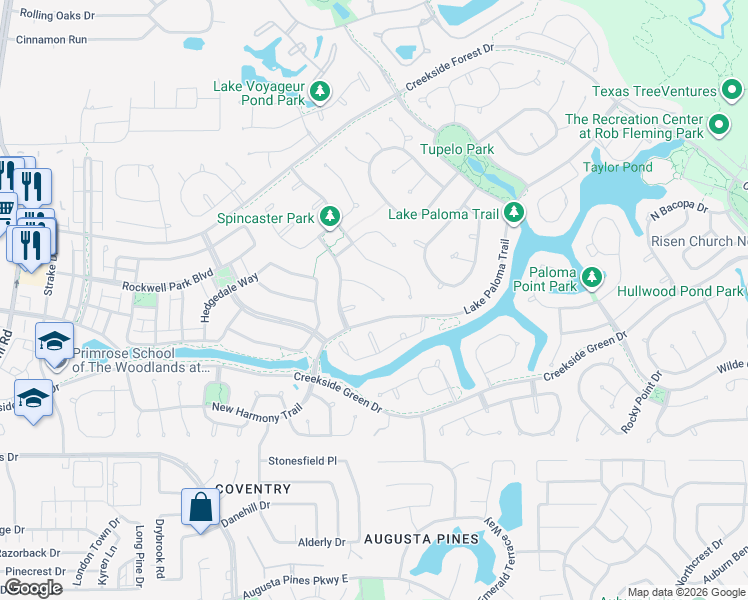 map of restaurants, bars, coffee shops, grocery stores, and more near 11 Freestone Stream Place in Spring