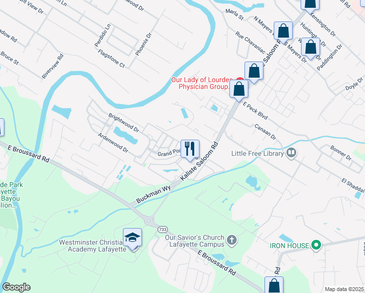 map of restaurants, bars, coffee shops, grocery stores, and more near 104 Grand Pointe Boulevard in Lafayette