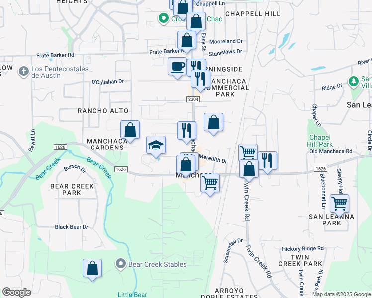 map of restaurants, bars, coffee shops, grocery stores, and more near 12111 Menchaca Road in Austin