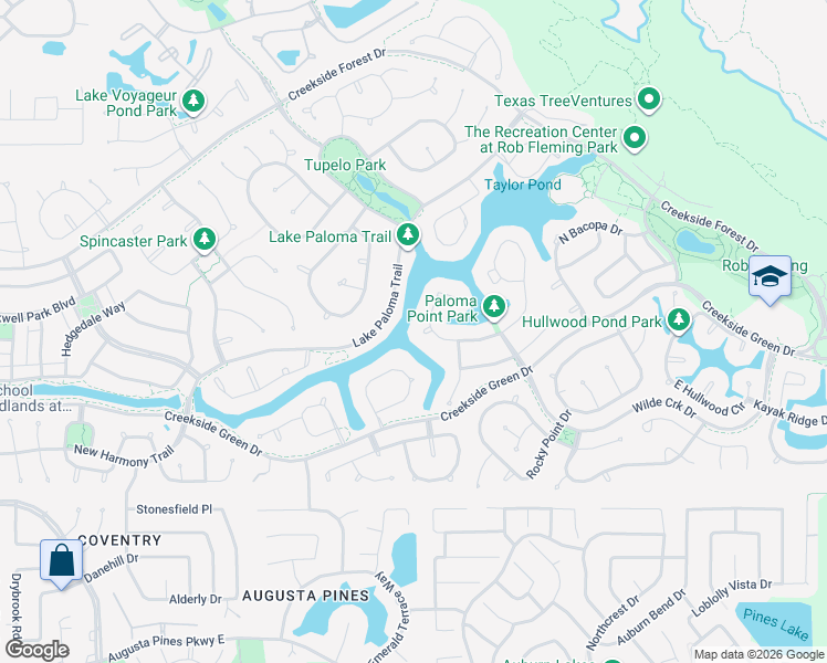 map of restaurants, bars, coffee shops, grocery stores, and more near 46 Cove View Trail Court in Spring