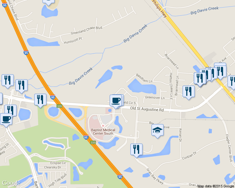 map of restaurants, bars, coffee shops, grocery stores, and more near 12557 Woodfield Circle West in Jacksonville