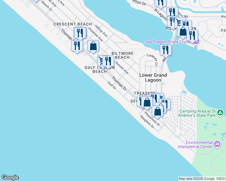 map of restaurants, bars, coffee shops, grocery stores, and more near 5313 Gulf Drive in Panama City