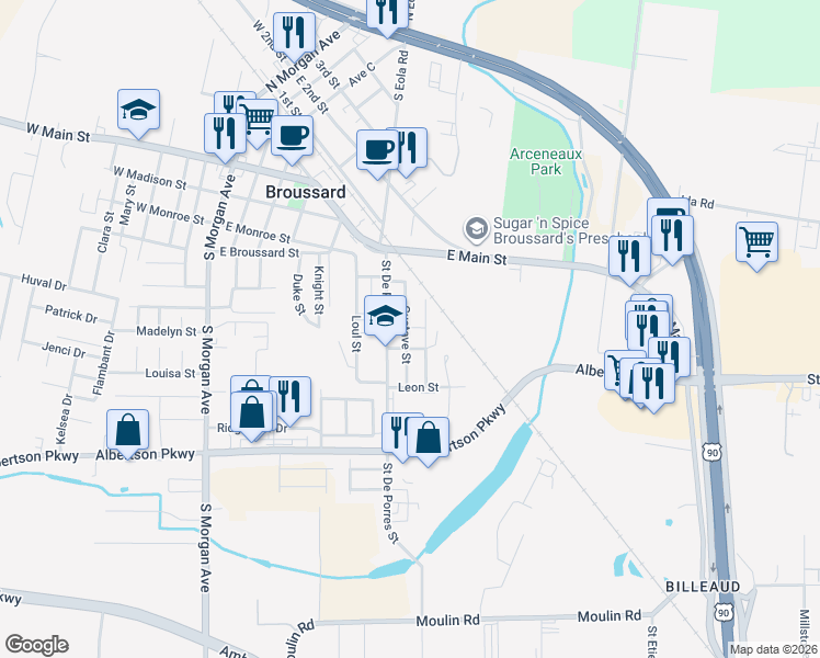 map of restaurants, bars, coffee shops, grocery stores, and more near 218 Gustave Street in Broussard
