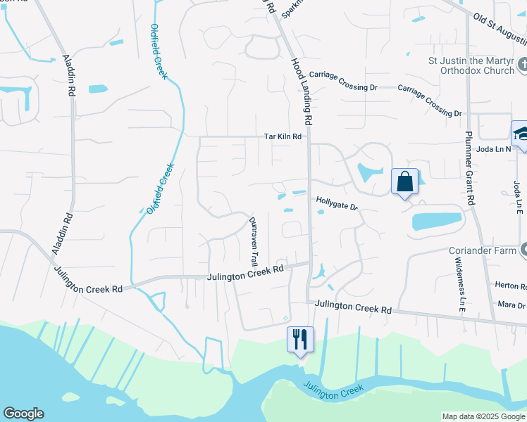 map of restaurants, bars, coffee shops, grocery stores, and more near 12608 Steeplechase Lane in Jacksonville