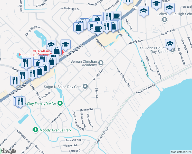 map of restaurants, bars, coffee shops, grocery stores, and more near 2939 Bliss Road in Orange Park