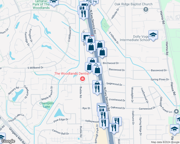 map of restaurants, bars, coffee shops, grocery stores, and more near 26206 Oak Ridge Drive in Spring