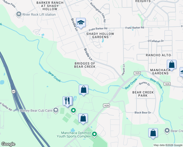 map of restaurants, bars, coffee shops, grocery stores, and more near 2432 Turtle Mountain Bend in Austin