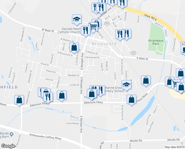 map of restaurants, bars, coffee shops, grocery stores, and more near 210 Village Square Drive in Broussard