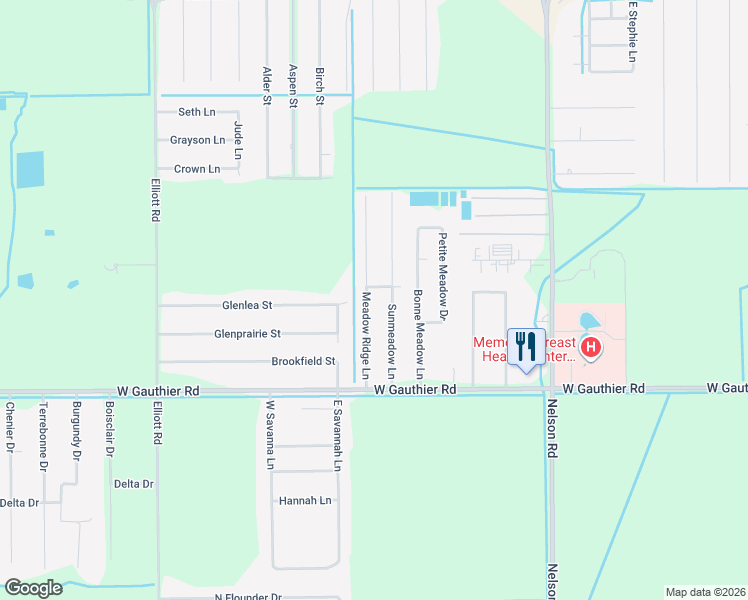 map of restaurants, bars, coffee shops, grocery stores, and more near 6707 Meadow Ridge Lane in Lake Charles