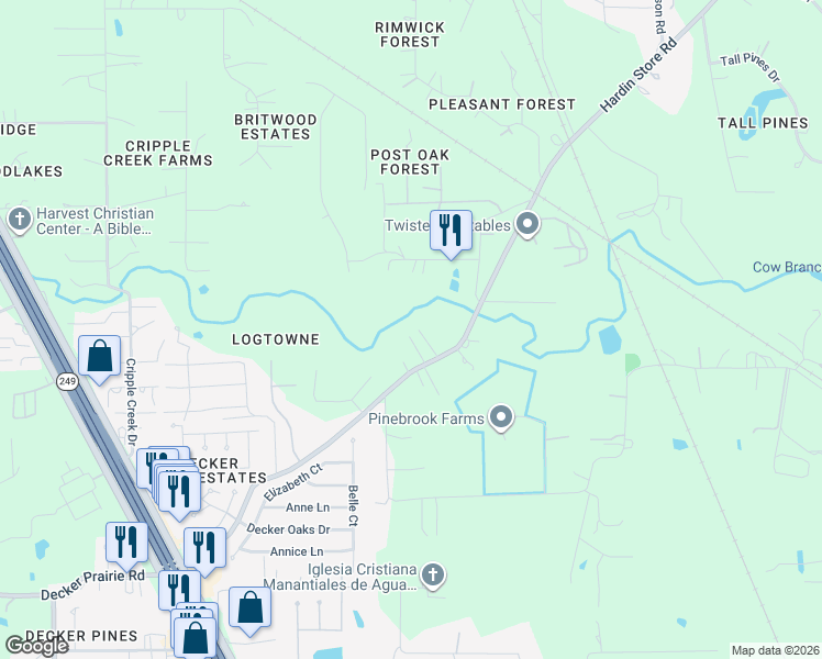 map of restaurants, bars, coffee shops, grocery stores, and more near 25429 Hardin Store Road in Magnolia