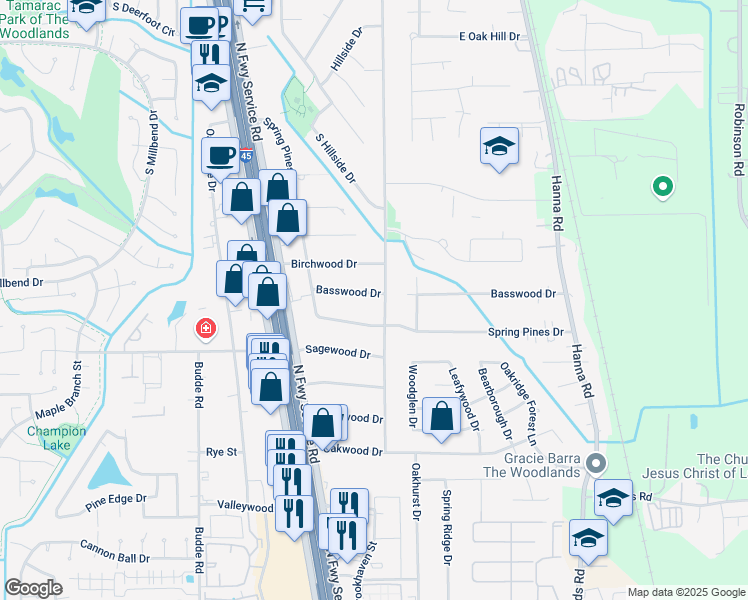 map of restaurants, bars, coffee shops, grocery stores, and more near 238 Basswood Drive in Spring