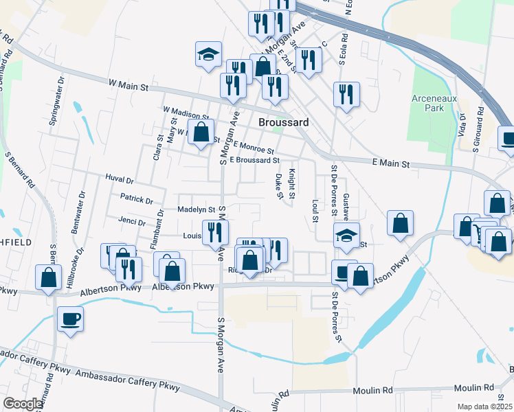 map of restaurants, bars, coffee shops, grocery stores, and more near 216 Village Square Drive in Broussard