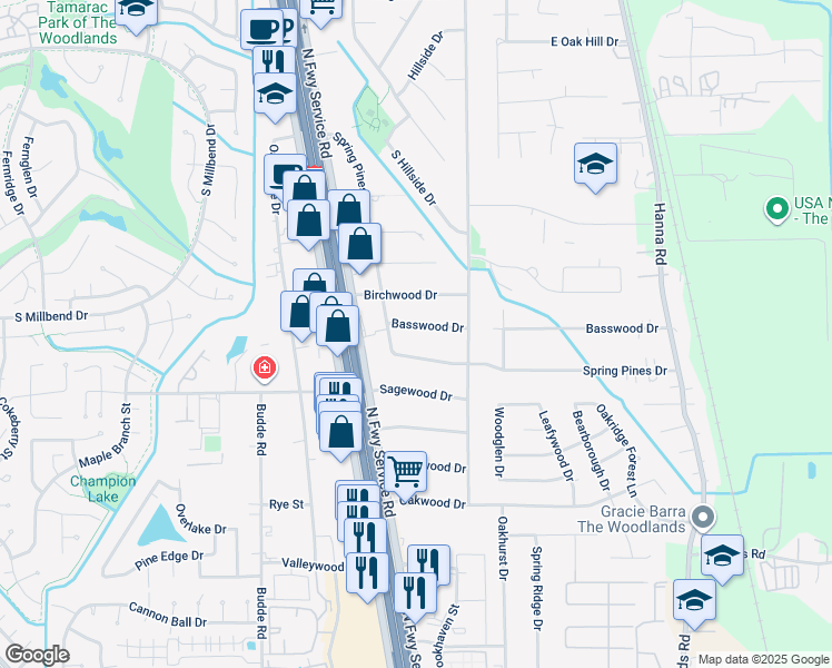 map of restaurants, bars, coffee shops, grocery stores, and more near 222 Basswood Drive in Spring