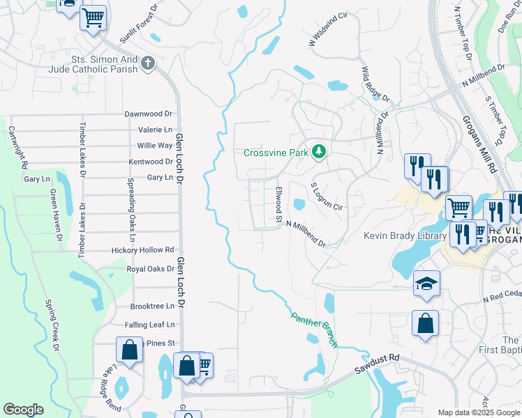 map of restaurants, bars, coffee shops, grocery stores, and more near 11022 Meadow Rue Street in Spring