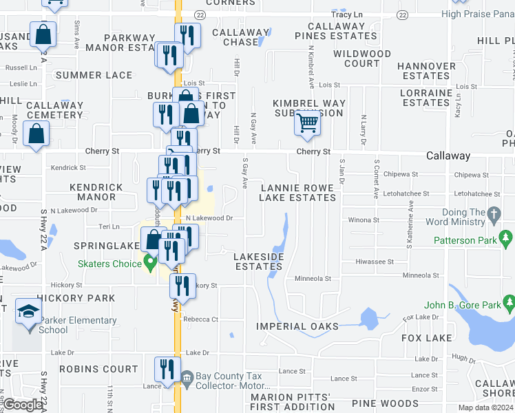 map of restaurants, bars, coffee shops, grocery stores, and more near 210 Lannie Rowe Drive in Panama City