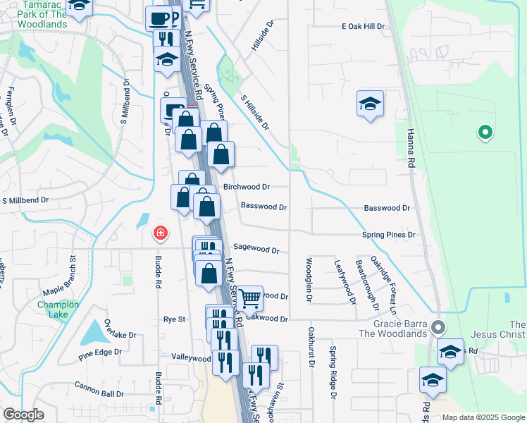 map of restaurants, bars, coffee shops, grocery stores, and more near 222 Basswood Drive in Spring