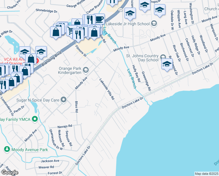 map of restaurants, bars, coffee shops, grocery stores, and more near 3110 Rococo Court in Orange Park