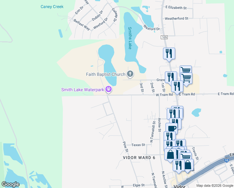 map of restaurants, bars, coffee shops, grocery stores, and more near 525-799 West Tram Road in Vidor