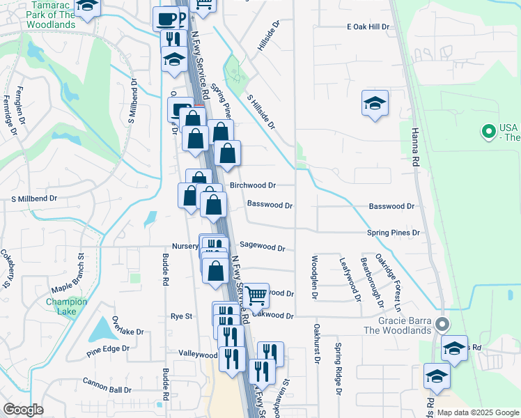 map of restaurants, bars, coffee shops, grocery stores, and more near 222 Basswood Drive in Spring