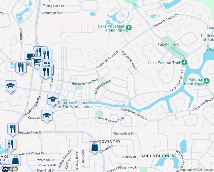 map of restaurants, bars, coffee shops, grocery stores, and more near 55 Liberty Branch Boulevard in Spring