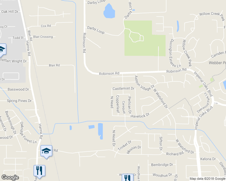 map of restaurants, bars, coffee shops, grocery stores, and more near 1306 Castlemist Drive in Spring