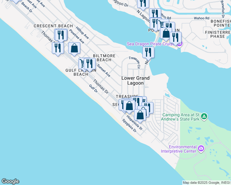 map of restaurants, bars, coffee shops, grocery stores, and more near 5211 Beach Drive in Panama City