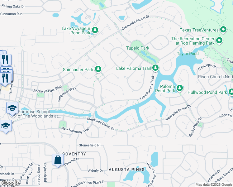 map of restaurants, bars, coffee shops, grocery stores, and more near 11 Freestone Stream Place in Spring