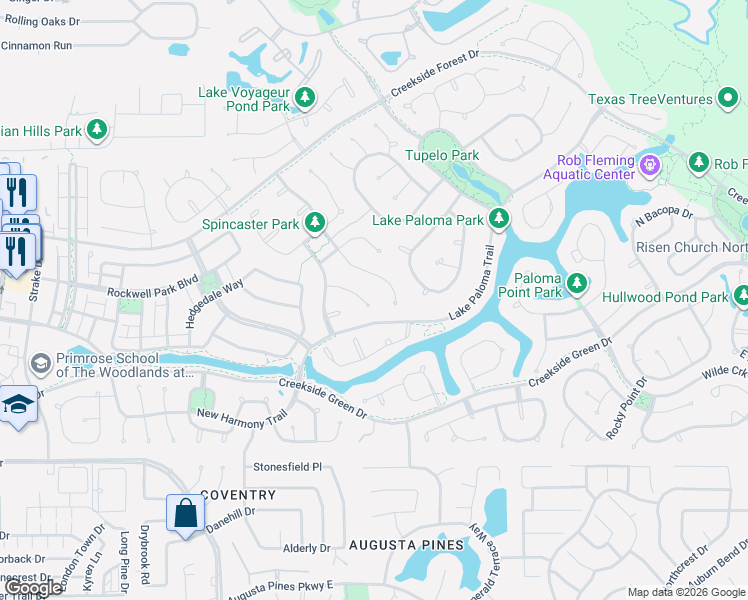 map of restaurants, bars, coffee shops, grocery stores, and more near 11 Freestone Stream Place in Spring