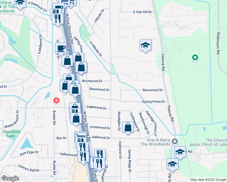 map of restaurants, bars, coffee shops, grocery stores, and more near 238 Basswood Drive in Spring