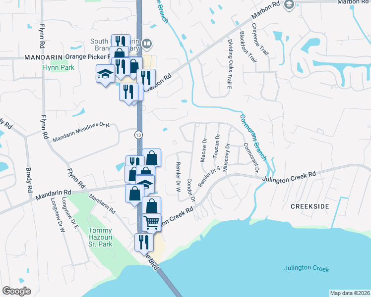 map of restaurants, bars, coffee shops, grocery stores, and more near 3175 Blue Heron Drive South in Jacksonville
