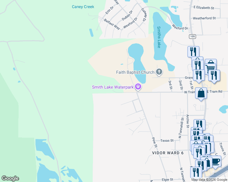 map of restaurants, bars, coffee shops, grocery stores, and more near 1020 Rene Ln in Vidor