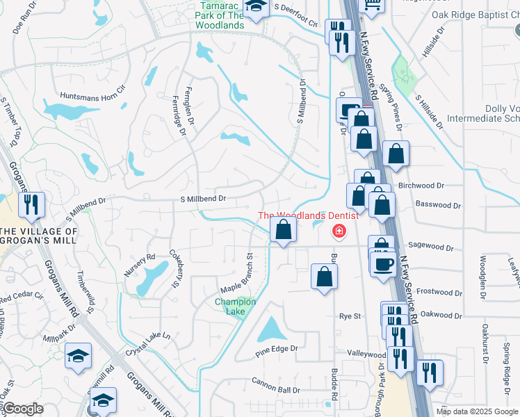 map of restaurants, bars, coffee shops, grocery stores, and more near 173 Maple Branch Street in Spring