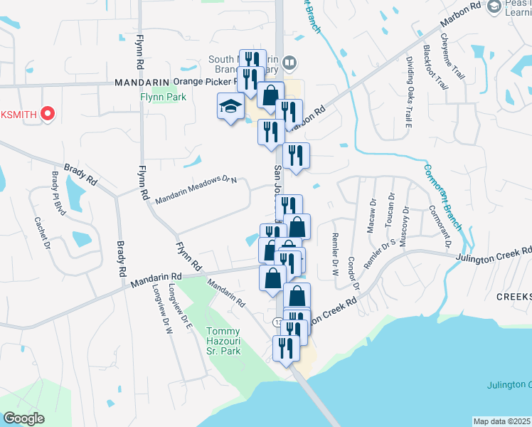 map of restaurants, bars, coffee shops, grocery stores, and more near 12412 San Jose Boulevard in Jacksonville