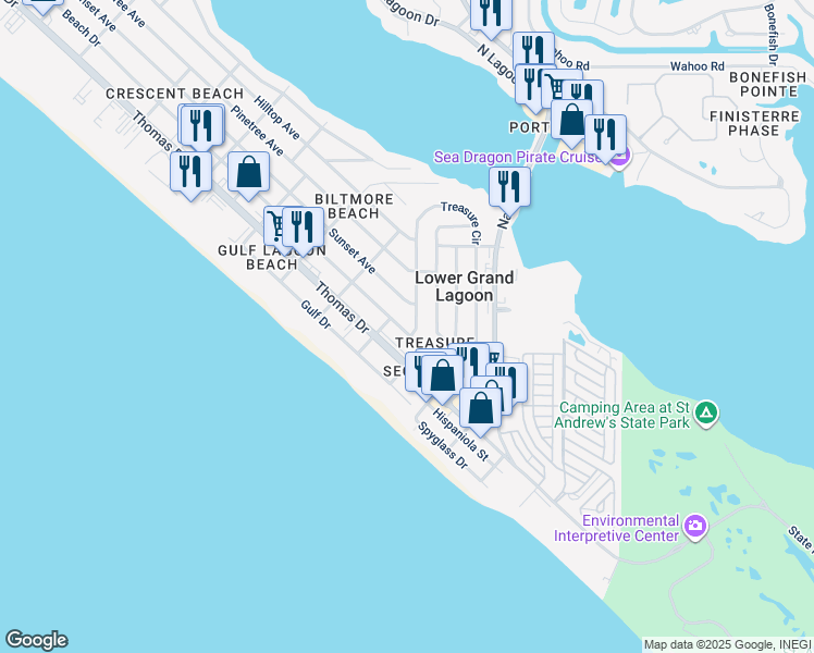 map of restaurants, bars, coffee shops, grocery stores, and more near 5211 Beach Drive in Panama City