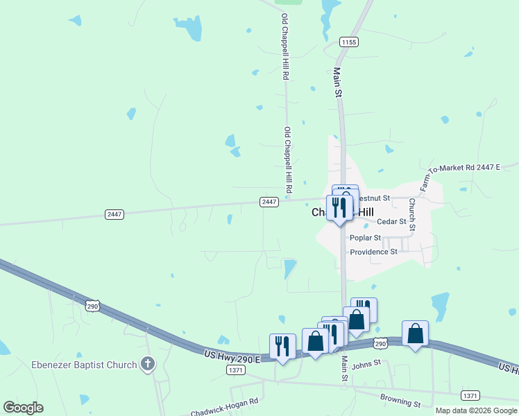 map of restaurants, bars, coffee shops, grocery stores, and more near 8720 Farm to Market 2447 in Chappell Hill