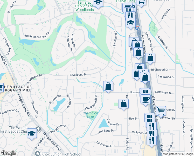 map of restaurants, bars, coffee shops, grocery stores, and more near 172 Maple Branch Street in Spring