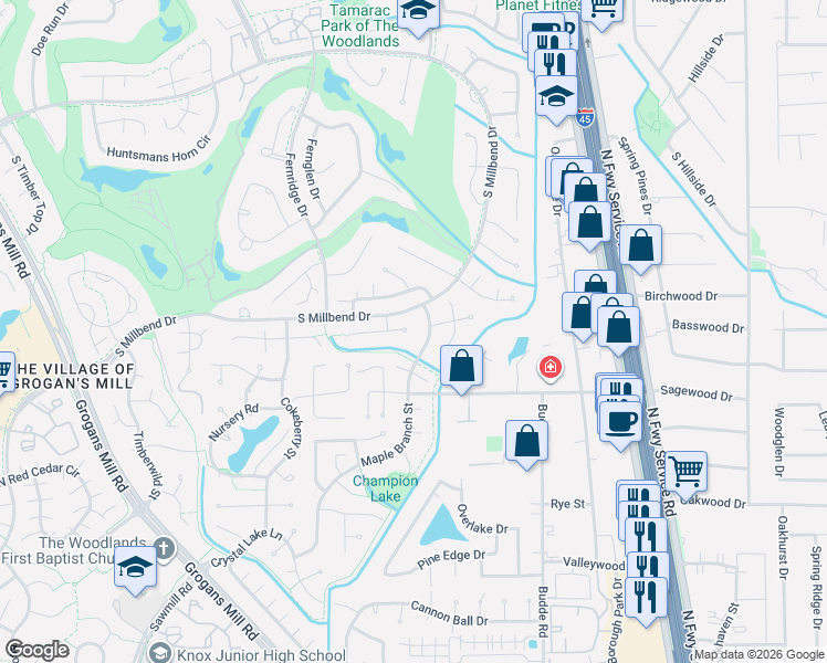map of restaurants, bars, coffee shops, grocery stores, and more near 172 Maple Branch Street in Spring