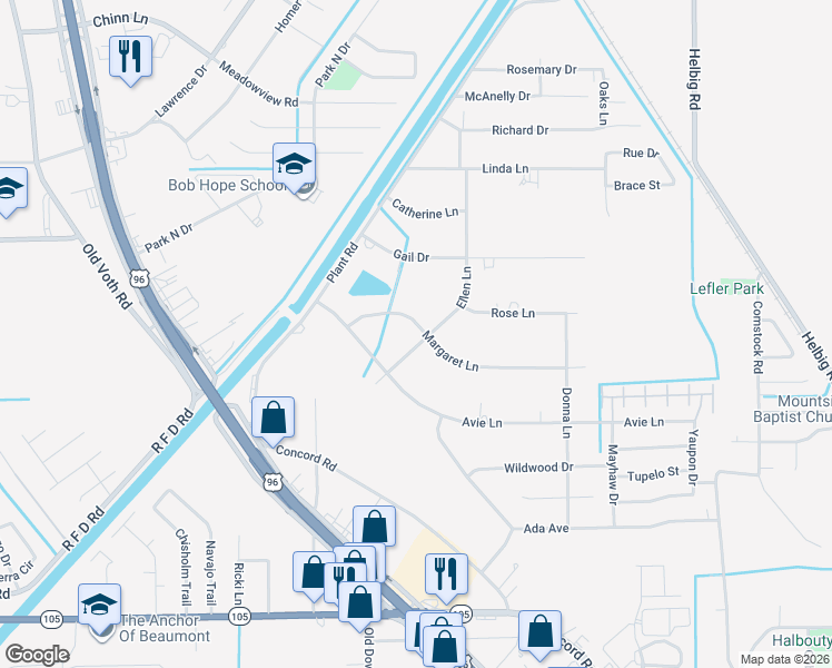 map of restaurants, bars, coffee shops, grocery stores, and more near 6995 Ellen Lane in Beaumont