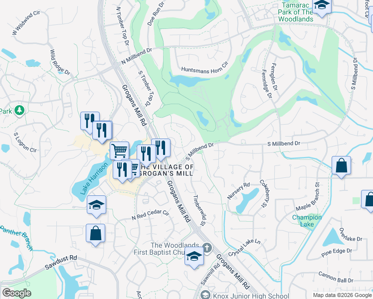 map of restaurants, bars, coffee shops, grocery stores, and more near 2101 East Settlers Way in Spring